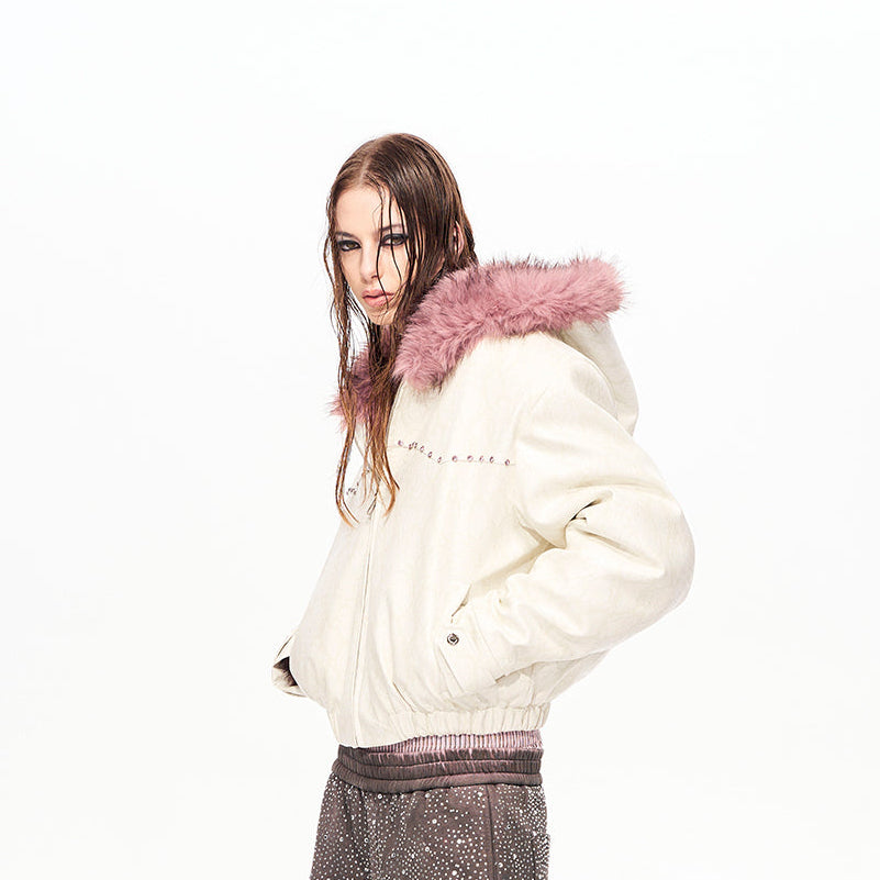 Snake Pattern Fake Fur Hooded Short PU Leather Jacket WN22161