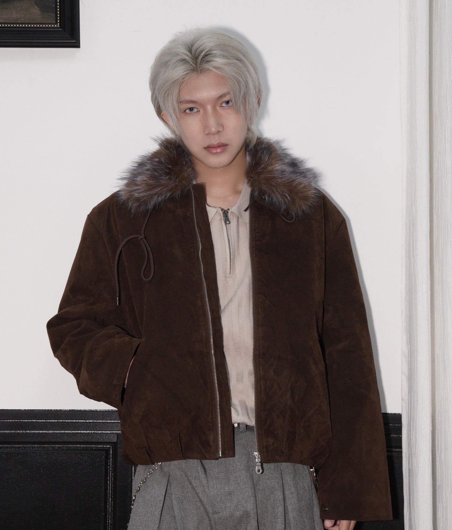 Detachable Fake Fur-Collar Suede Zipper Jacket WN22170