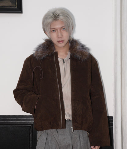 Detachable Fake Fur-Collar Suede Zipper Jacket WN22170