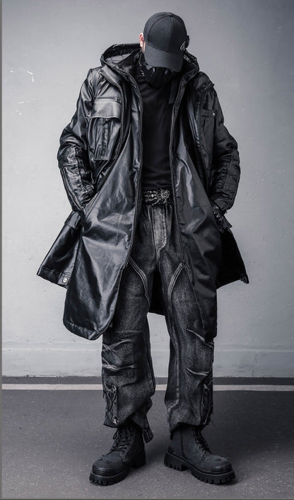 Hooded Fake Layered Large Pockets Wax Dye Coat WN22420