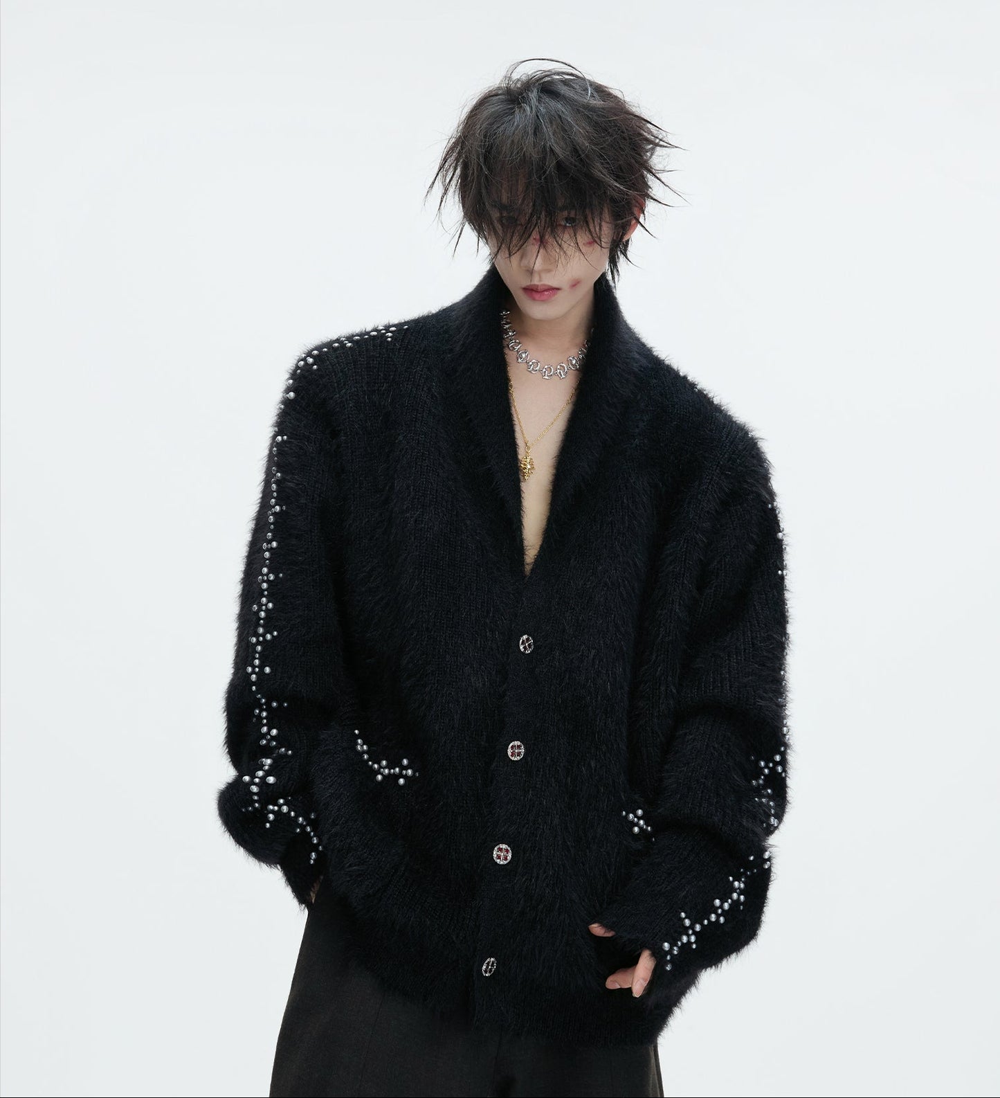 Fake Fur Heavyweight Beads Decor Knit Cardigan WN22613