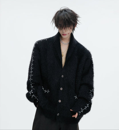 Fake Fur Heavyweight Beads Decor Knit Cardigan WN22613