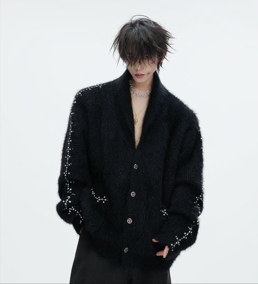 Fake Fur Heavyweight Beads Decor Knit Cardigan WN22613