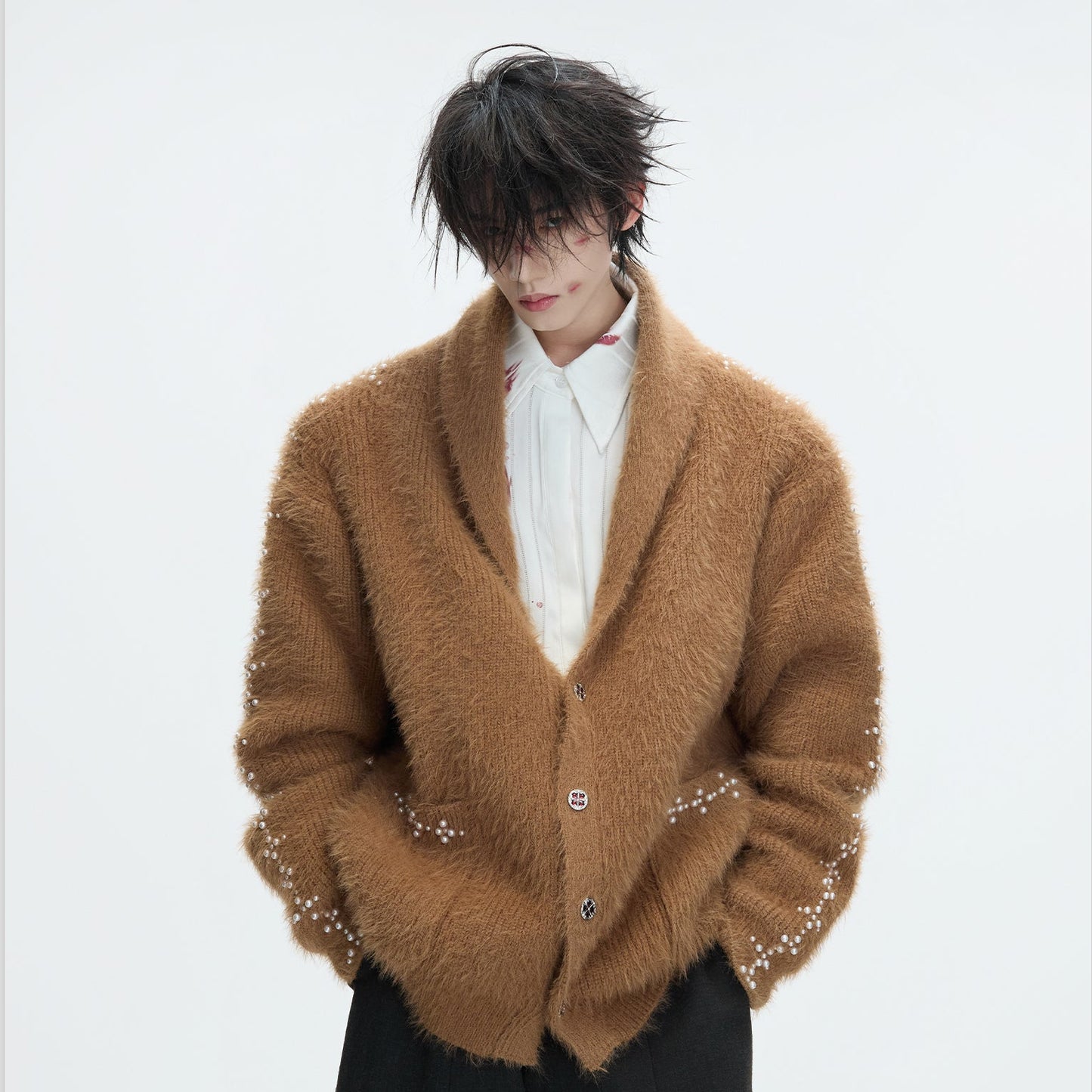 Fake Fur Heavyweight Beads Decor Knit Cardigan WN22613