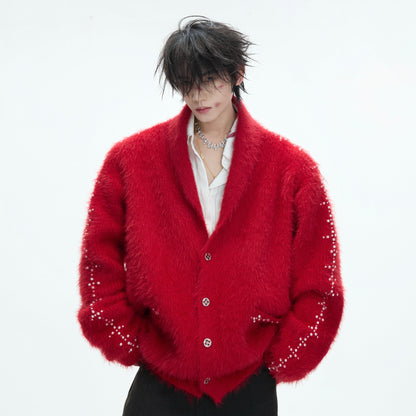 Fake Fur Heavyweight Beads Decor Knit Cardigan WN22613