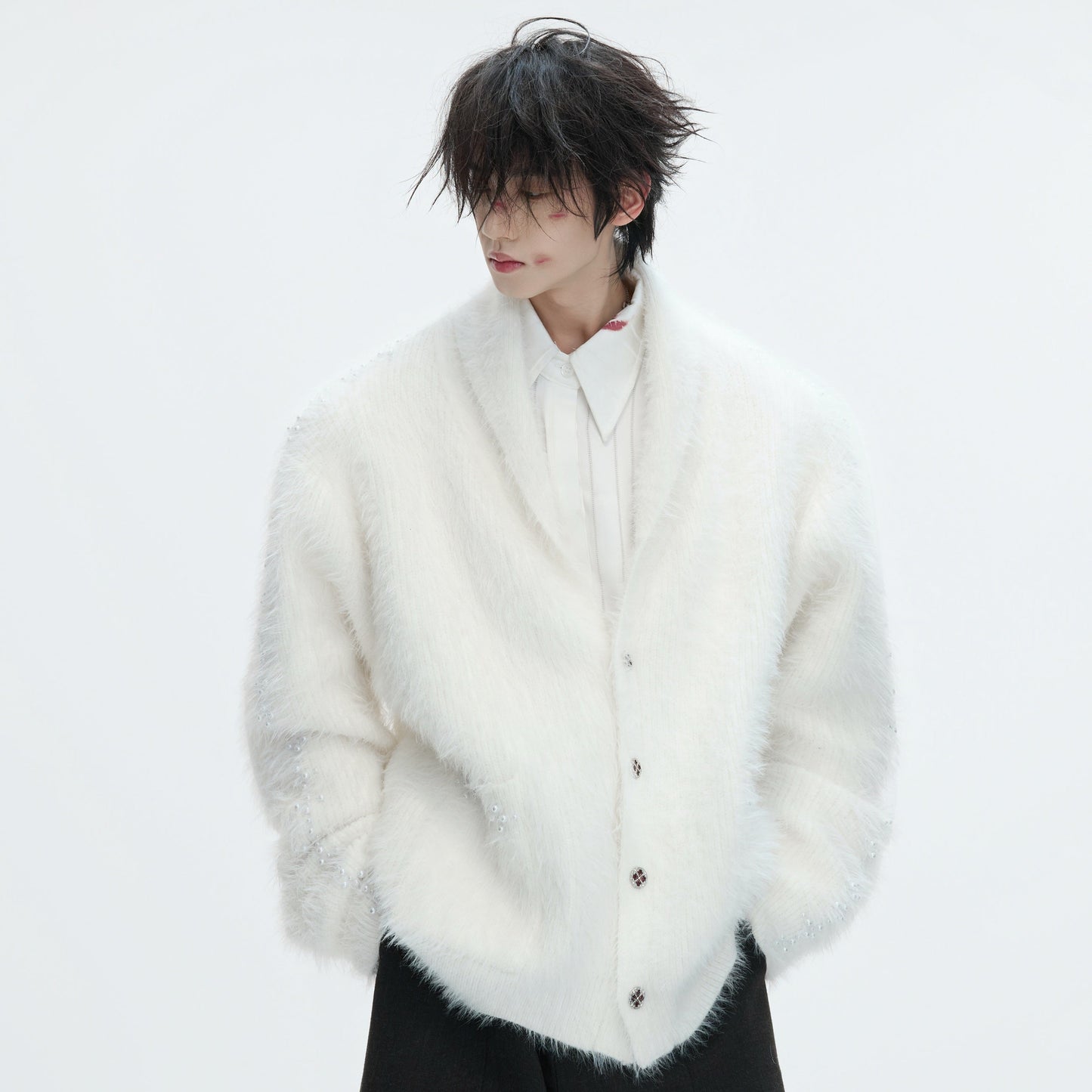 Fake Fur Heavyweight Beads Decor Knit Cardigan WN22613