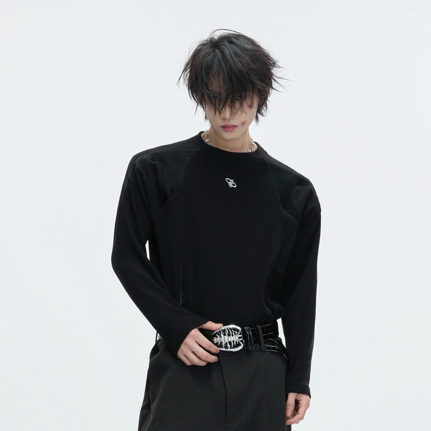 Splice PU Leather Ribbed Thermal Long Sleeve T-Shirt WN22617