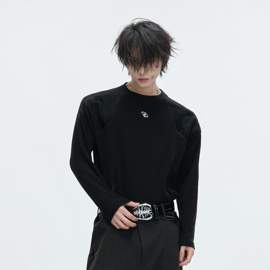 Splice PU Leather Ribbed Thermal Long Sleeve T-Shirt WN22617