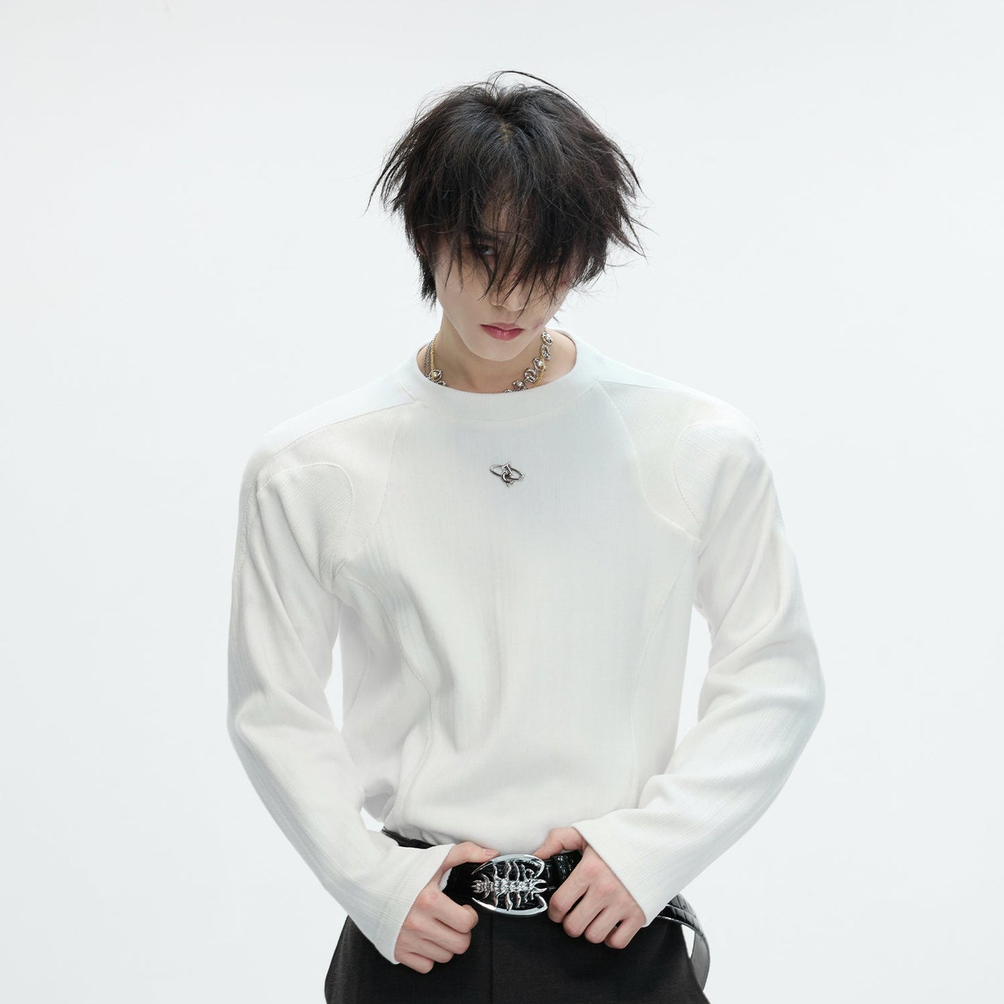 Splice PU Leather Ribbed Thermal Long Sleeve T-Shirt WN22617