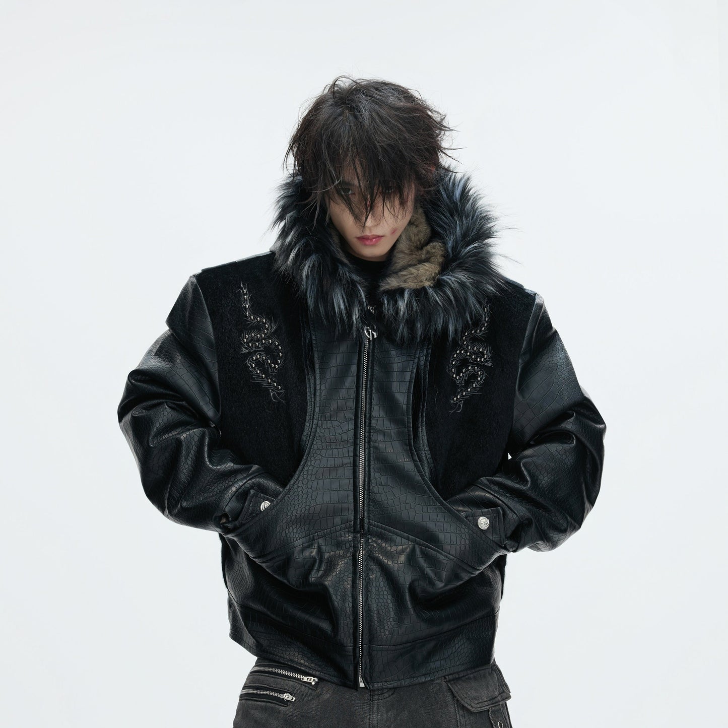 Fake Fur Collar PU Leather Hooded Heavyweight Puffer Jacket WN22618