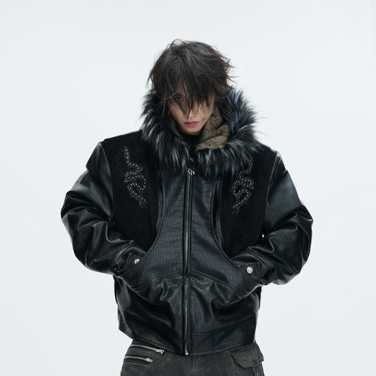 Fake Fur Collar PU Leather Hooded Heavyweight Puffer Jacket WN22618