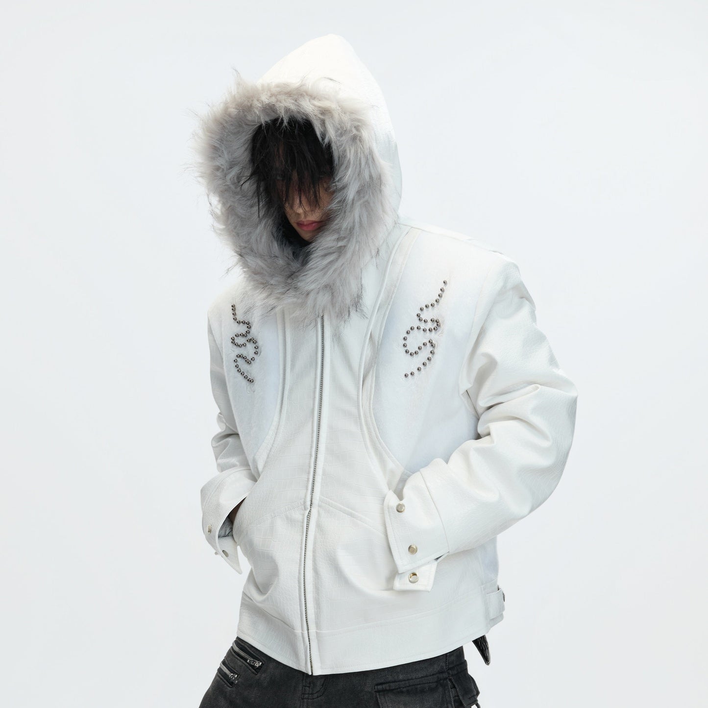 Fake Fur Collar PU Leather Hooded Heavyweight Puffer Jacket WN22618