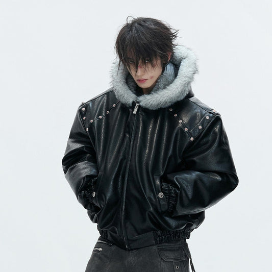 Hooded Fake Fur Collar PU Leather Puffer Jacket WN22619