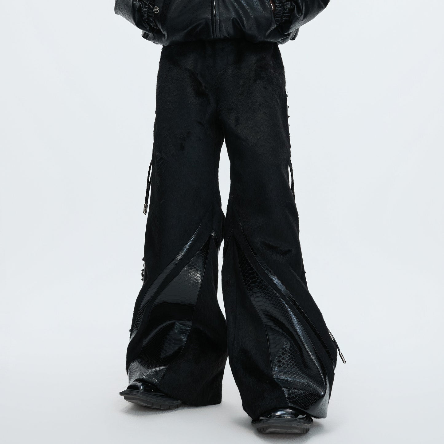 Fake Fur Splice PU Leather Deconstructed Wide Leg Pants WN22620