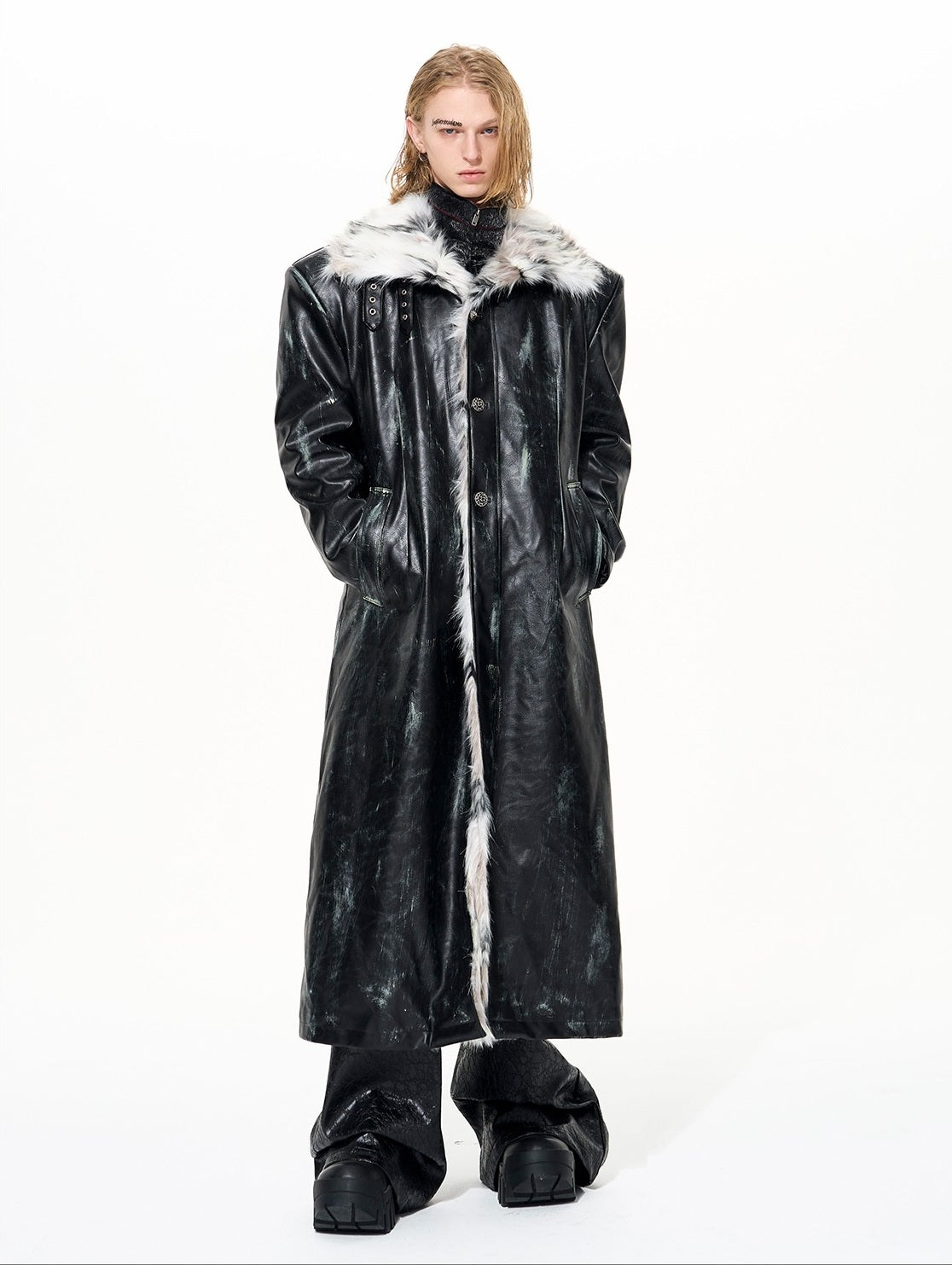 Paint Damage Stand Neck Fake Fur Coat WN22640