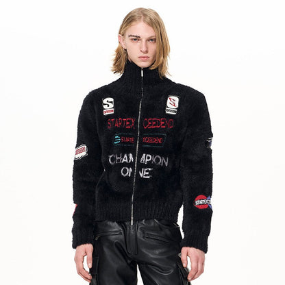 Letter Embroidery Print High-Neck Zipper Knit Cardigan WN22649