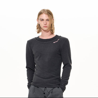 Double-Layered Neckline Embroidery Horse Logo Long Sleeve T-Shirt WN22654