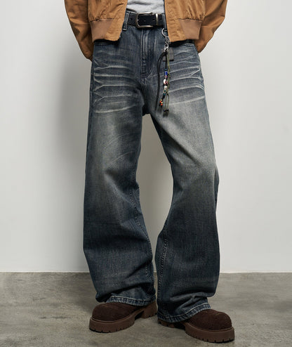 Wash Damage Wide Leg Straight Denim Jeans WN22933