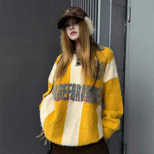 Stripe Embroidery Button Polo Knit Sweater WN24156