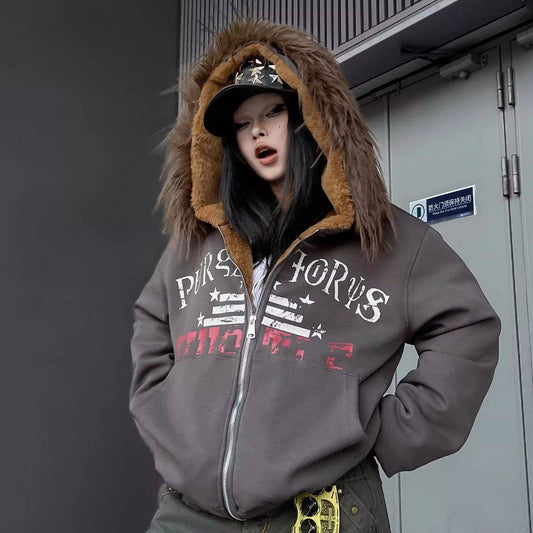 Fake Fur Graffiti Print Zipper Hooded Jacket WN24158