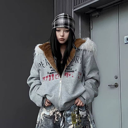 Fake Fur Graffiti Print Zipper Hooded Jacket WN24158