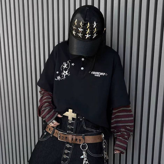 Star Embroidery Stripe Layered Long Sleeve Polo Shirt WN24160