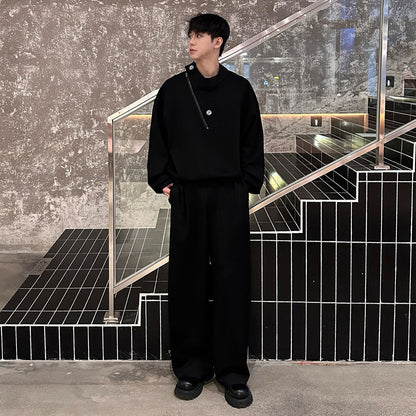 Button Drape Sweatshirt & Pleats Wide Leg Sweatpants Setup WN25206