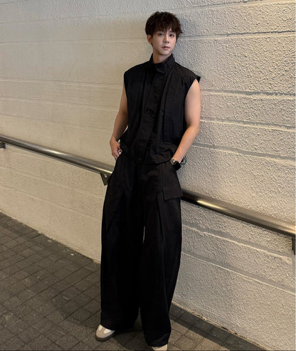 Standing-Collar Sleeveless Multi-Pocket Jacket & Multi-Pocket Wide Leg Cargo Pants Setup WN25236