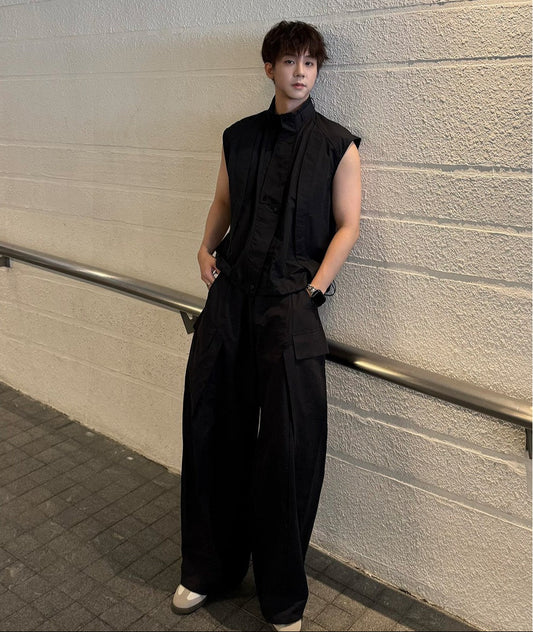 Standing-Collar Sleeveless Multi-Pocket Jacket & Multi-Pocket Wide Leg Cargo Pants Setup WN25236