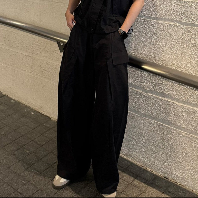 Standing-Collar Sleeveless Multi-Pocket Jacket & Multi-Pocket Wide Leg Cargo Pants Setup WN25236