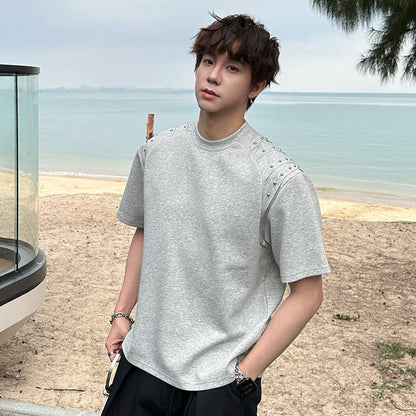 Rivet Pleats Shoulder-pad Heavyweight Oversize Short Sleeve T-Shirt WN25254
