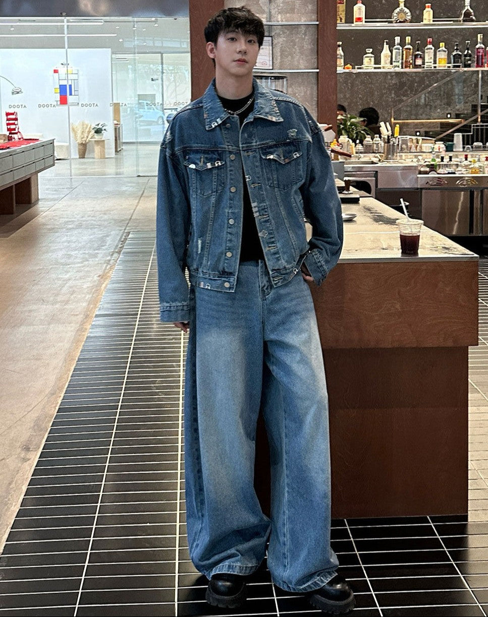 Metal Buckle Damage Denim Jacket & Wide Leg Denim Jeans Setup WN25271