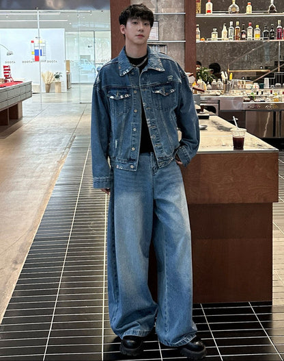 Metal Buckle Damage Denim Jacket & Wide Leg Denim Jeans Setup WN25271