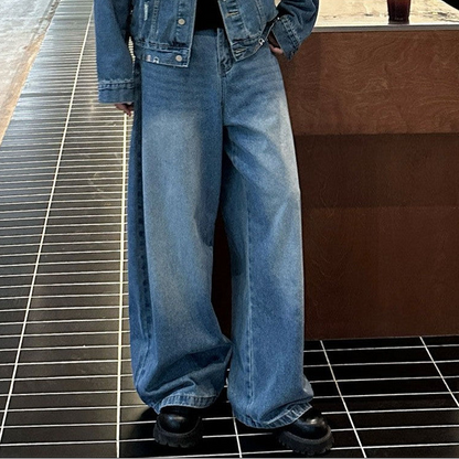 Metal Buckle Damage Denim Jacket & Wide Leg Denim Jeans Setup WN25271