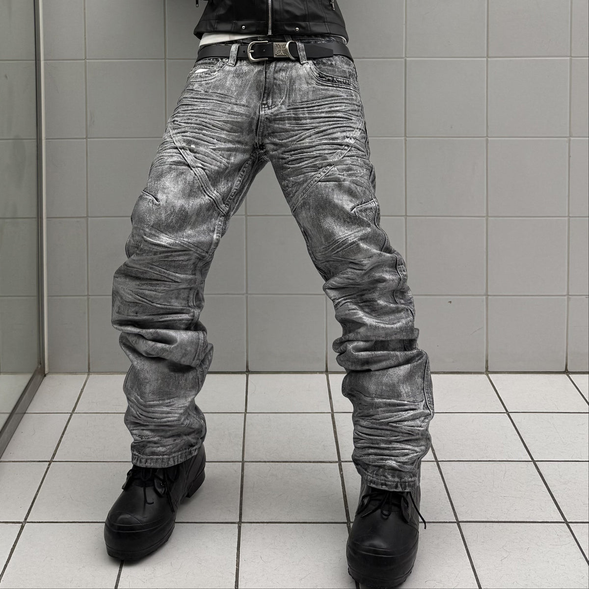 Metallic Coated Stacked Denim Jeans WN27401