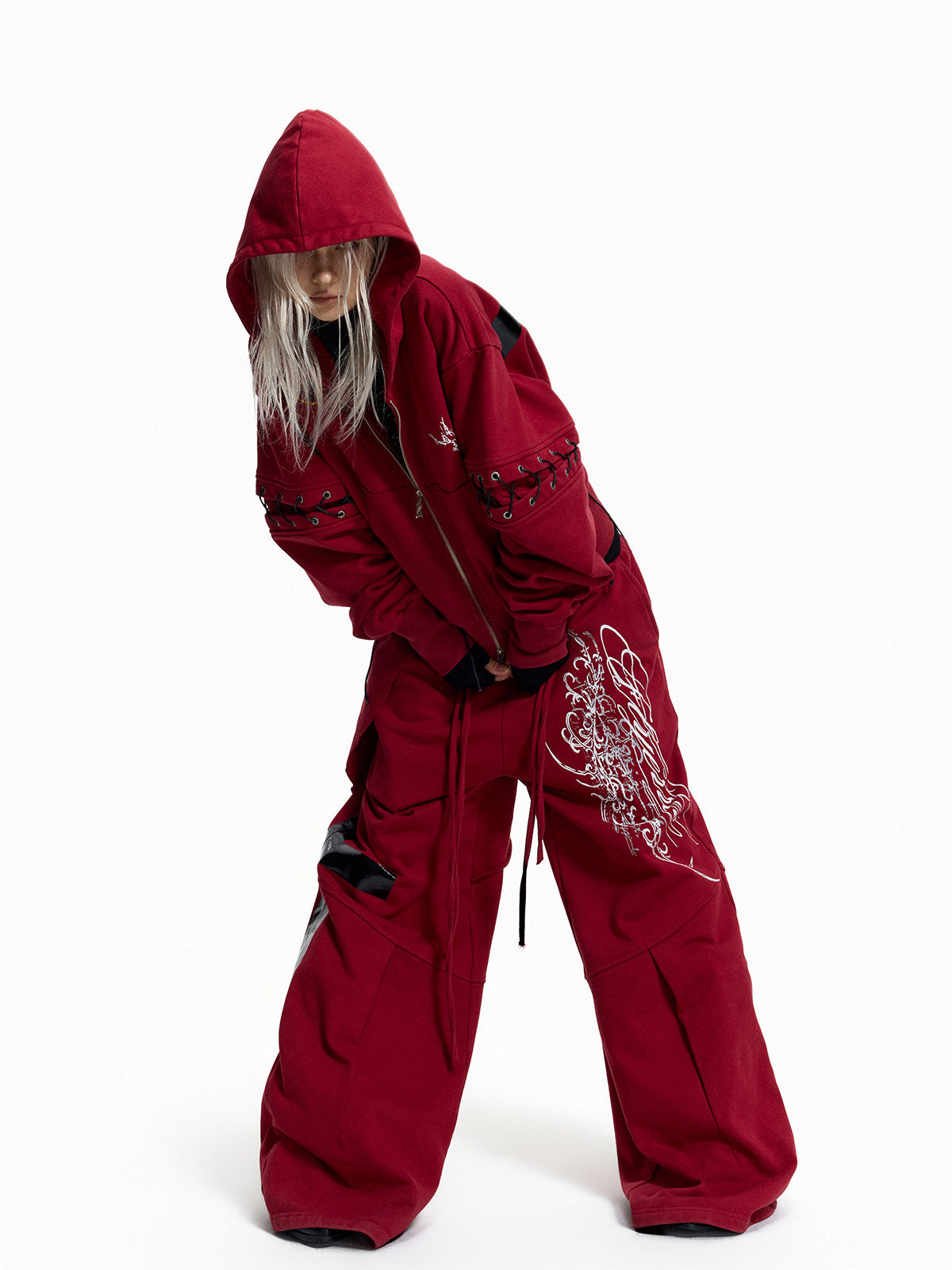 Stud Embroidery Zipper Hoodie & Cargo Wide Leg Pants Setup WN27439