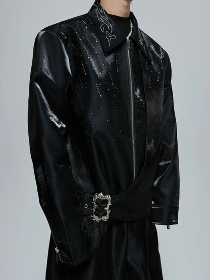 Glossy Rhinestone Button Short Zipper Jacket WN21691