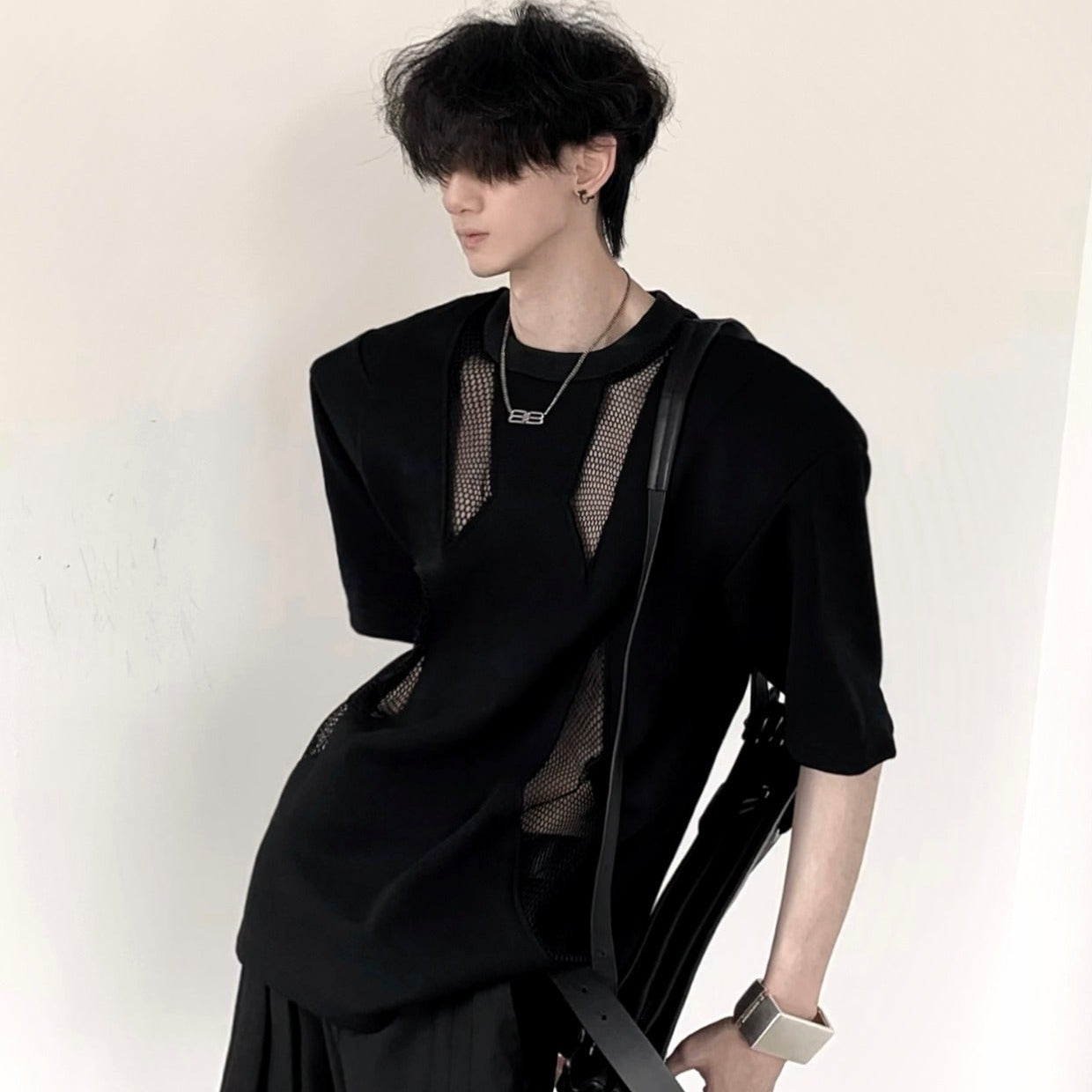 Mesh Patchwork Shoulder-pad Oversize Short Sleeve T-Shirt WN20340