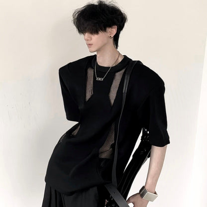 Mesh Patchwork Shoulder-pad Oversize Short Sleeve T-Shirt WN20340