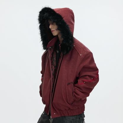 Hooded Fake Fur Embroidery PU Leather Puffer Jacket WN22604