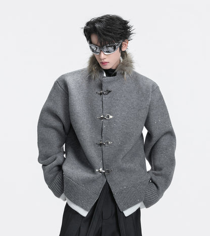 Sequin Fake Fur Collar Metal Buckle Knit Cardigan WN22592