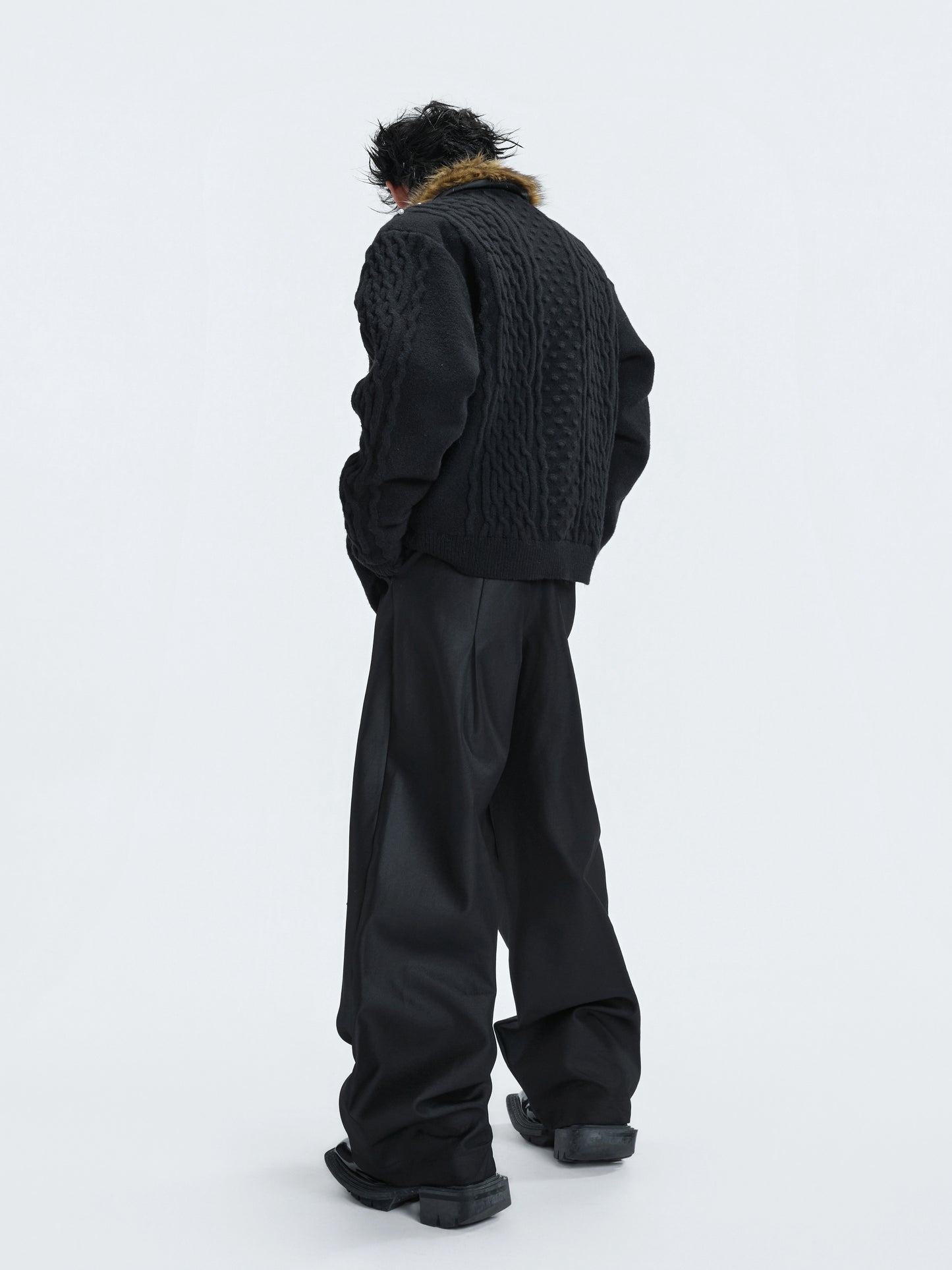 Fake Fur Collar Fleece Lining Pearl Beads Knit Cardigan WN22591