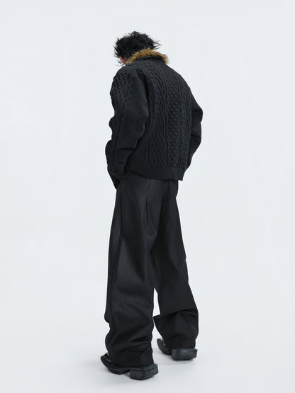 Fake Fur Collar Fleece Lining Pearl Beads Knit Cardigan WN22591