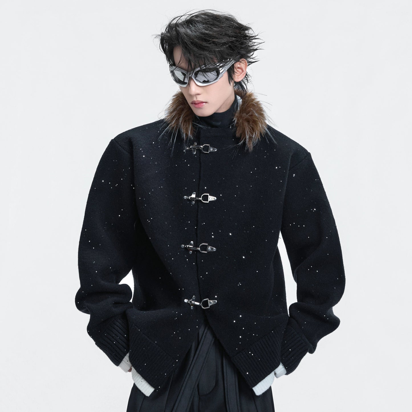 Sequin Fake Fur Collar Metal Buckle Knit Cardigan WN22592