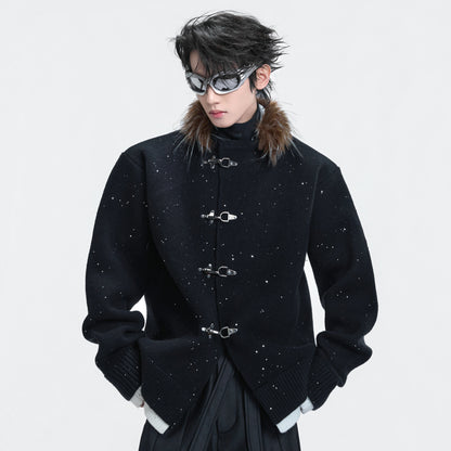 Sequin Fake Fur Collar Metal Buckle Knit Cardigan WN22592