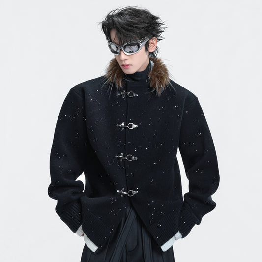 Sequin Fake Fur Collar Metal Buckle Knit Cardigan WN22592