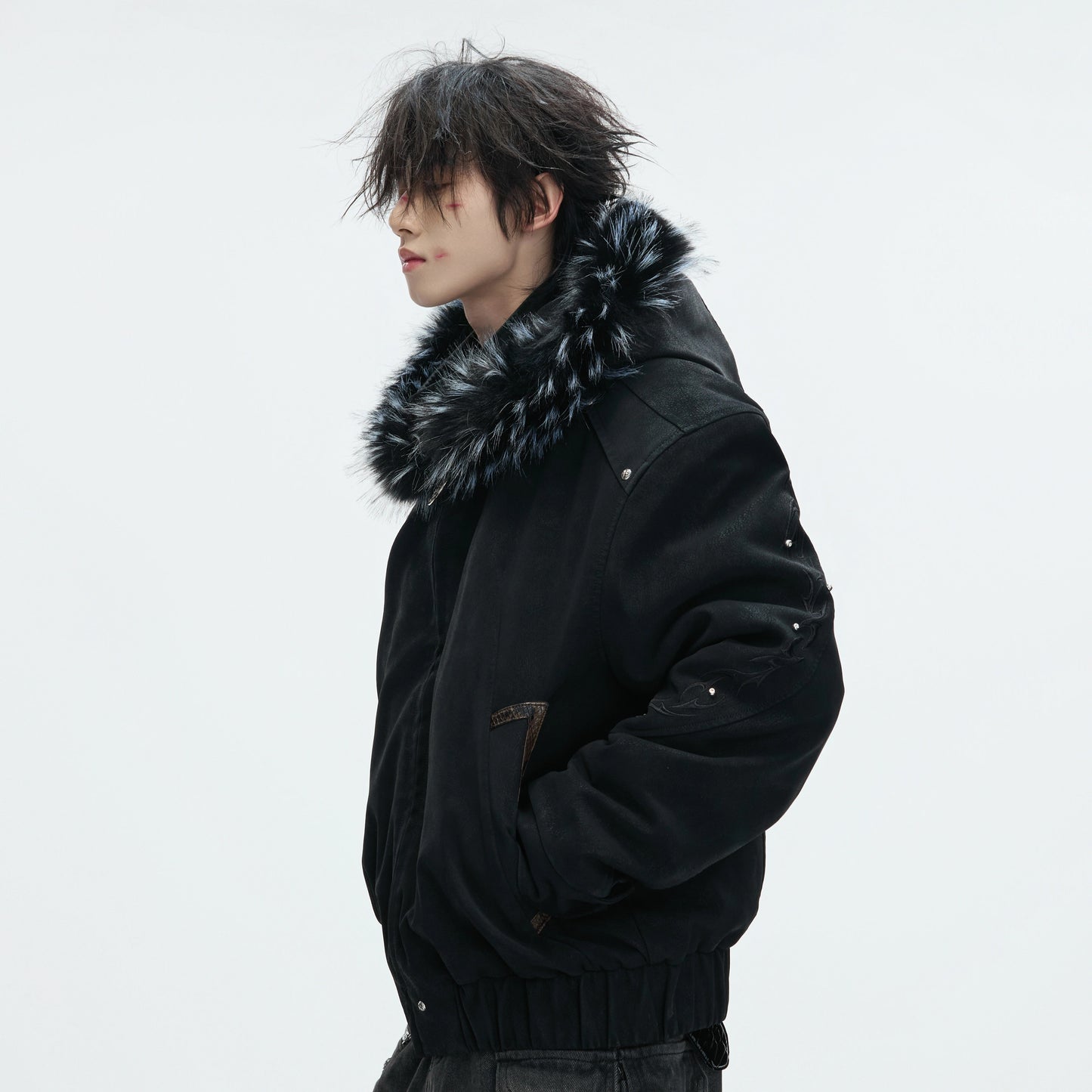 Hooded Fake Fur Embroidery PU Leather Puffer Jacket WN22604