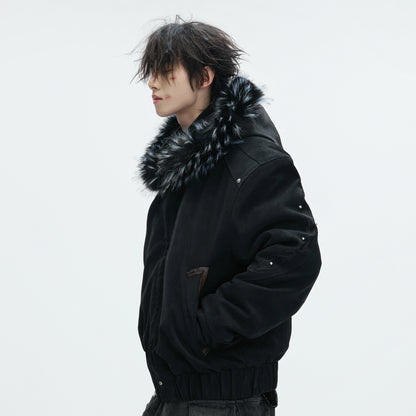 Hooded Fake Fur Embroidery PU Leather Puffer Jacket WN22604