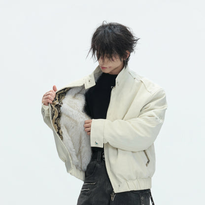 Hooded Fake Fur Embroidery PU Leather Puffer Jacket WN22604