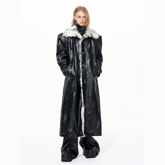 Paint Damage Stand Neck Fake Fur Coat WN22640